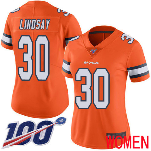 Women Denver Broncos 30 Phillip Lindsay Limited Orange Rush Vapor Untouchable 100th Season Football NFL Jersey